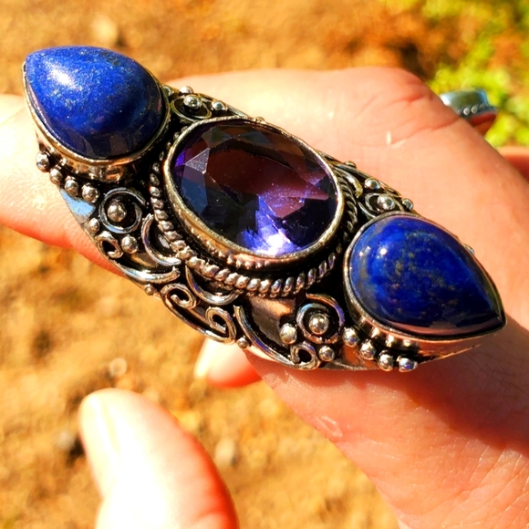 New Amethyst and Lapis Lazuli 925 Silver Statement Ring. - Picture 6 of 16